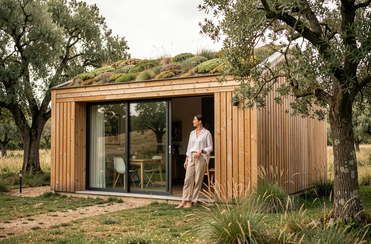 Maison écologique en bois avec toit végétalisé construite par Pieds Nus Habitat dans un cadre naturel occitan