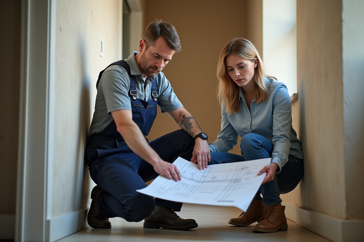 Plombier homme en overalls avec architecte femme en intérieur