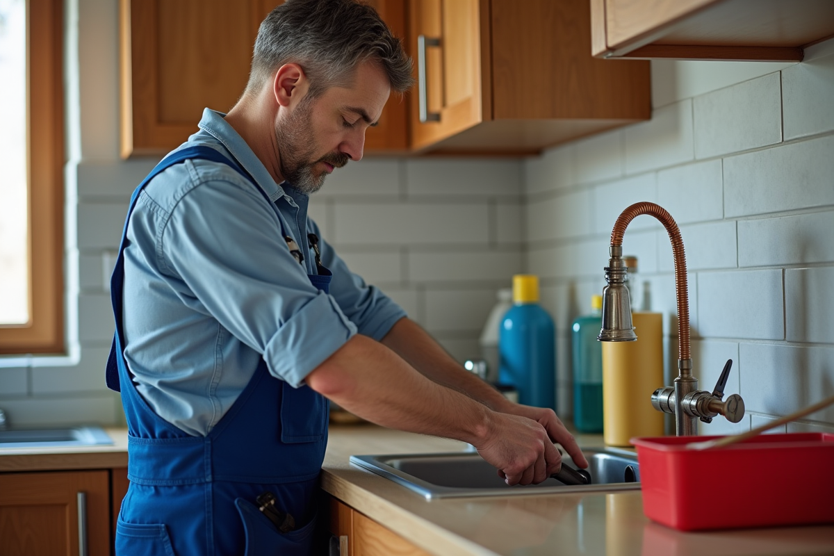Plombier homme en overalls examine des tuyaux dans une cuisine