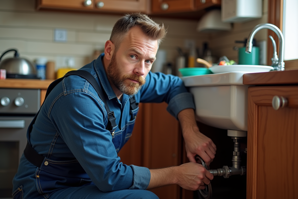 Plombier moyen âge en action dans la cuisine