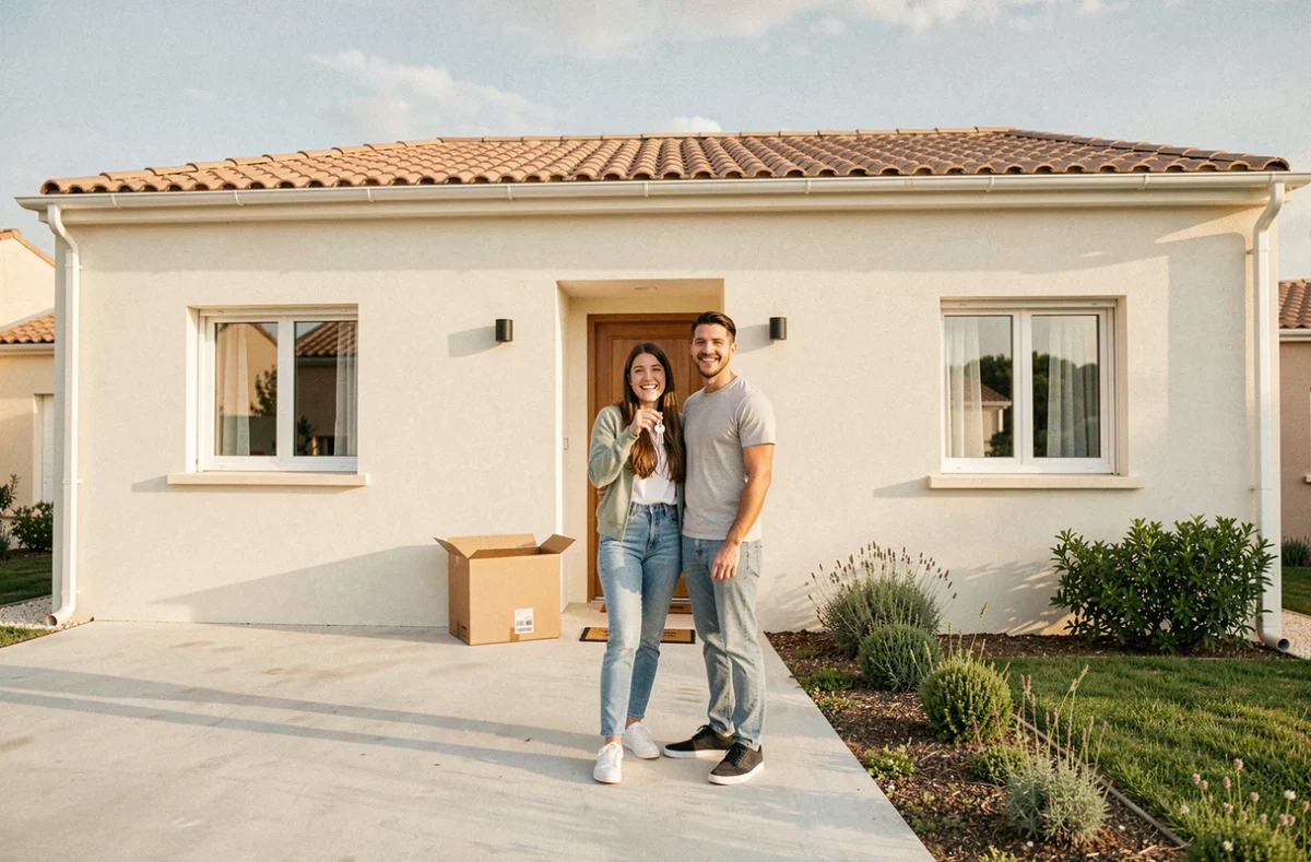 Jeune couple de primo-accédants tenant leurs clés devant leur nouvelle maison construite par Primo Habitat en Occitanie