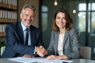 Deux professionnels se serrant la main dans un bureau moderne