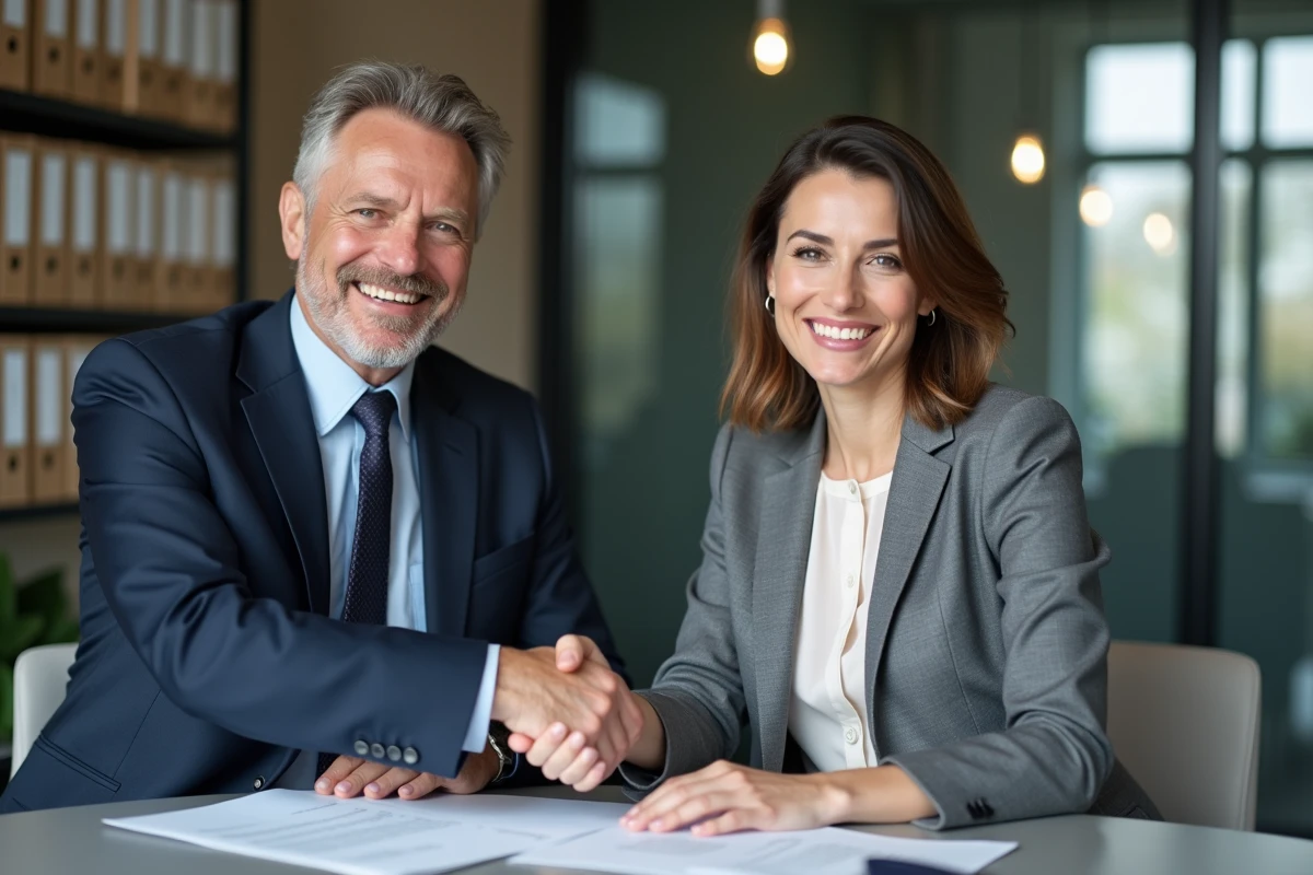 Deux professionnels se serrant la main dans un bureau moderne
