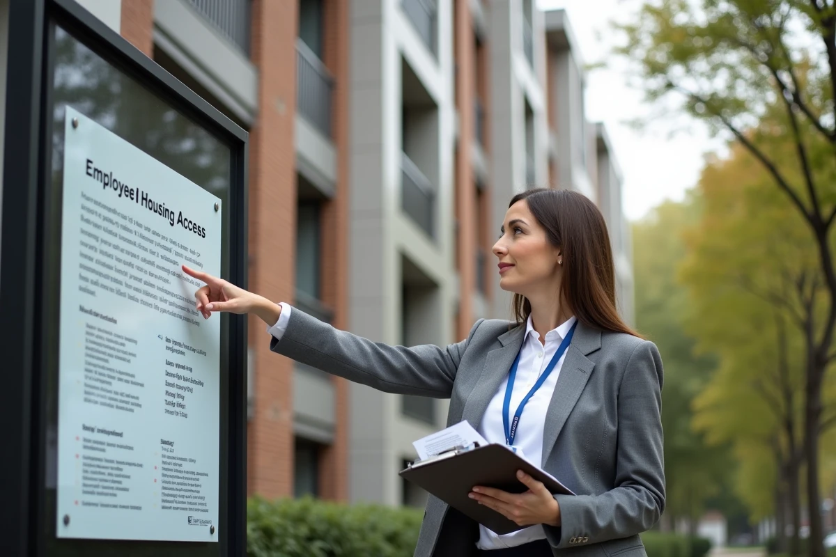 Professionnelle du logement social présentant un programme d'accès au logement devant un immeuble résidentiel d'entreprise