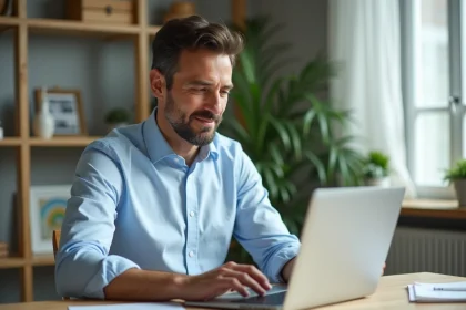 Propriétaire bailleur consultant ses documents de location sur un ordinateur portable dans un bureau à domicile moderne