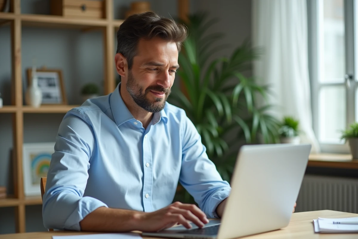 Propriétaire bailleur consultant ses documents de location sur un ordinateur portable dans un bureau à domicile moderne