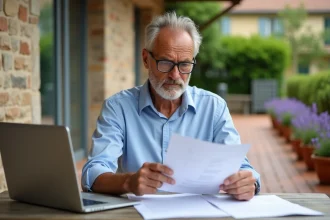 Propriétaire examinant des documents fiscaux sur sa terrasse pour comprendre la taxe foncière