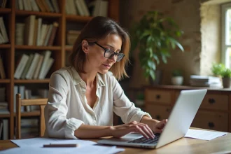 Propriétaire de gîte analysant des documents administratifs liés à la Prop Itea sur son bureau en pierre de taille