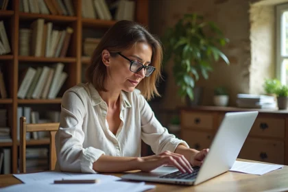 Propriétaire de gîte analysant des documents administratifs liés à la Prop Itea sur son bureau en pierre de taille