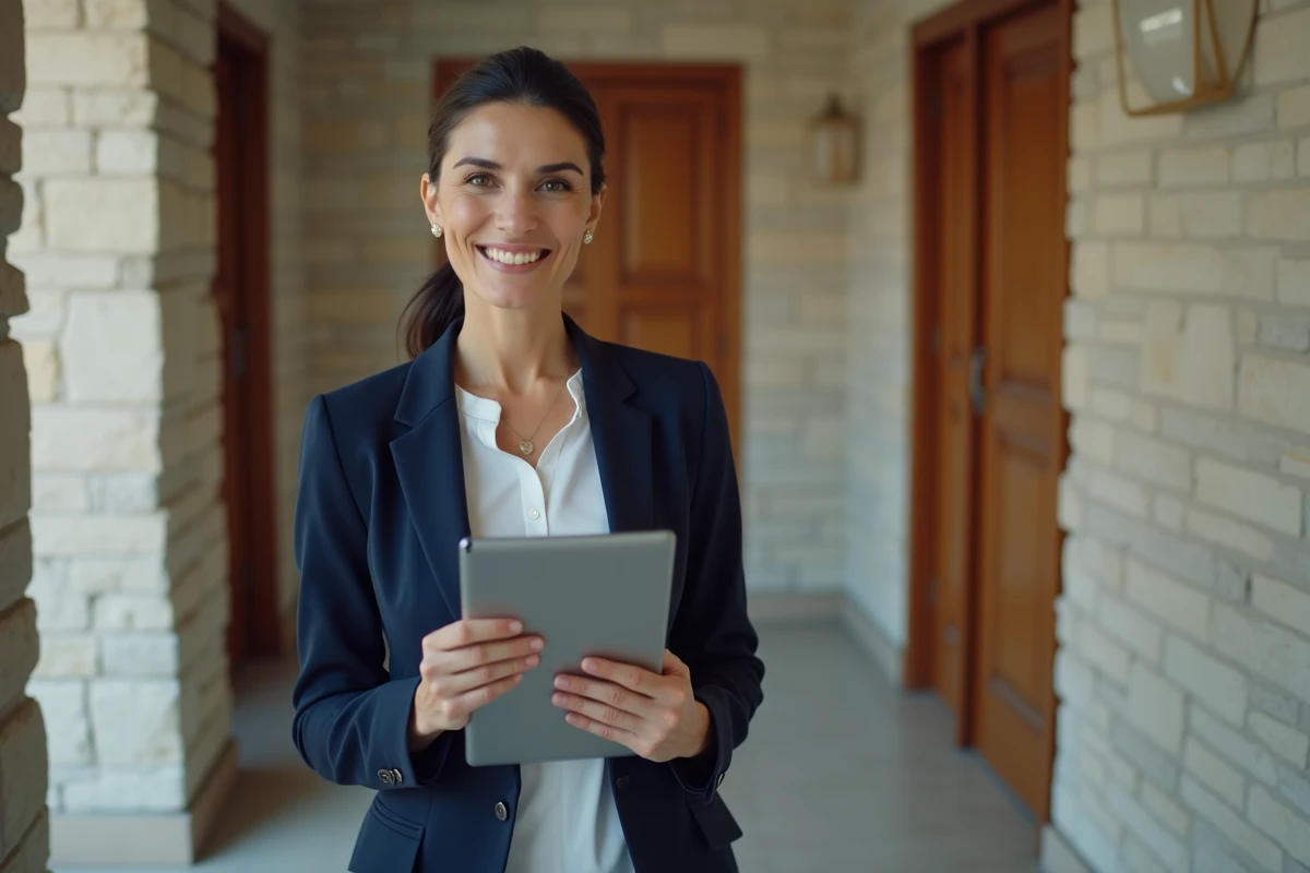 Propriétaire bailleuse inspectant un couloir d'immeuble résidentiel avec une tablette numérique en main