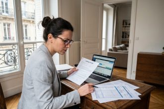 Propriétaire d'appartement meublé à Paris examinant des documents comptables sur un bureau en bois dans un appartement haussmannien