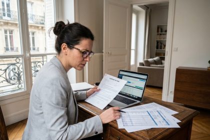 Propriétaire d'appartement meublé à Paris examinant des documents comptables sur un bureau en bois dans un appartement haussmannien