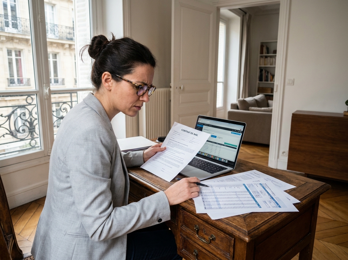 Propriétaire d'appartement meublé à Paris examinant des documents comptables sur un bureau en bois dans un appartement haussmannien