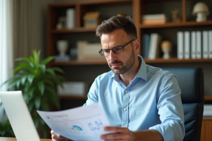 Propriétaire immobilier utilisant un logiciel de prix en ligne sur son ordinateur portable dans un bureau à domicile