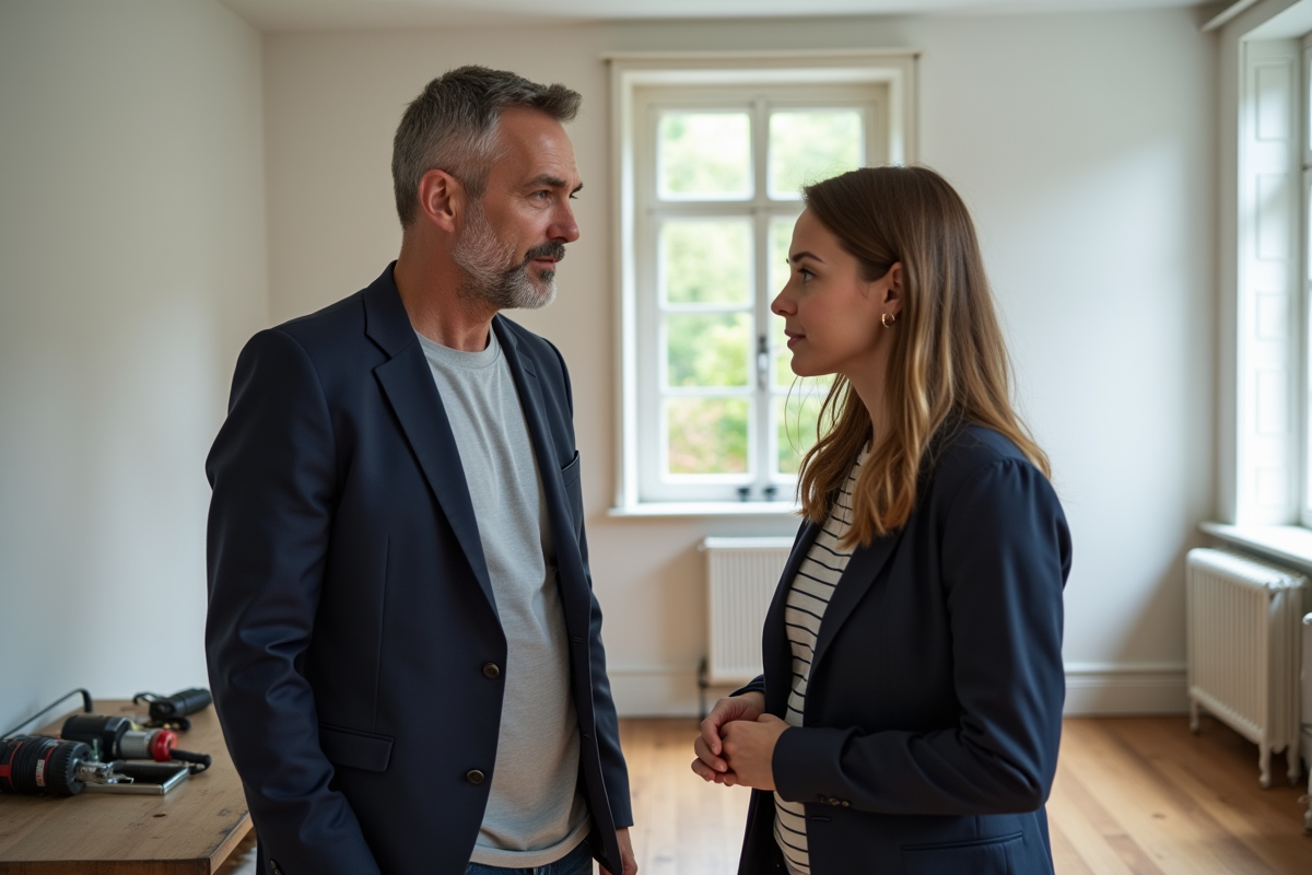 Proprietaire et locataire discutant d'une réparation dans un appartement