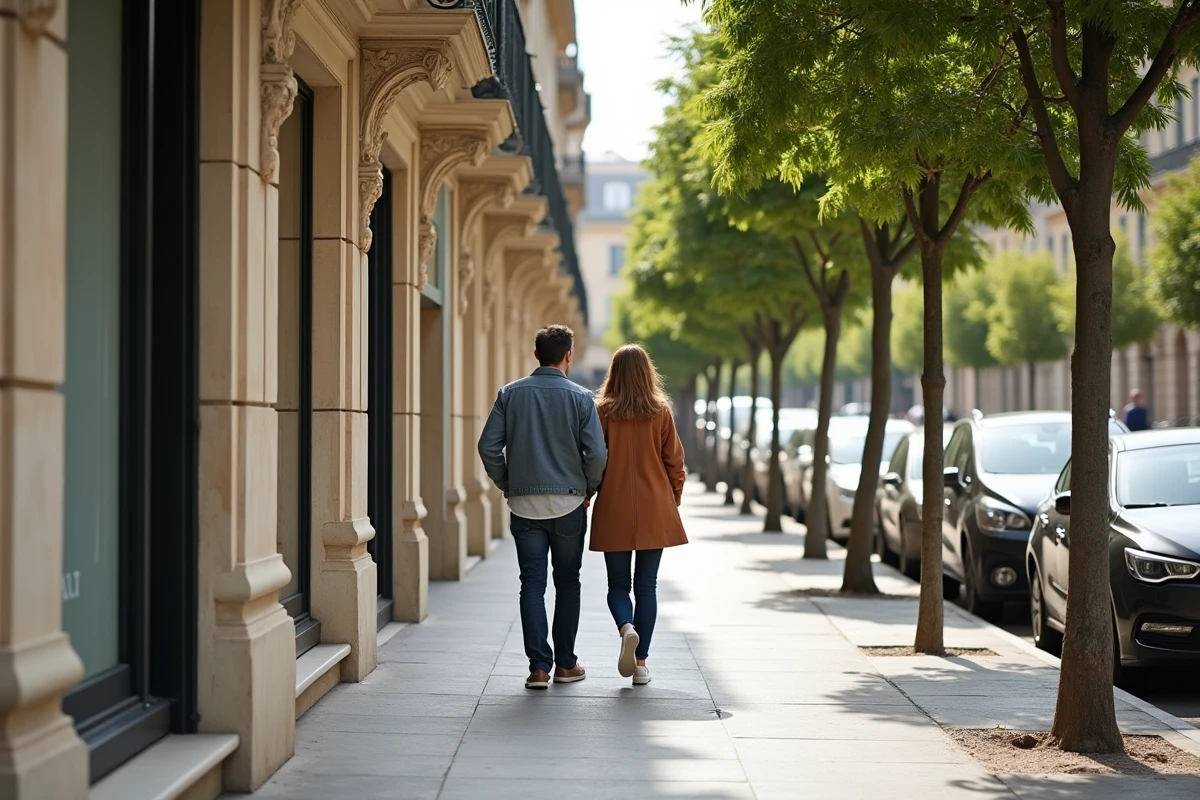 Couple se promenant devant une agence immobilière dans un quartier résidentiel haussmannien de Nice