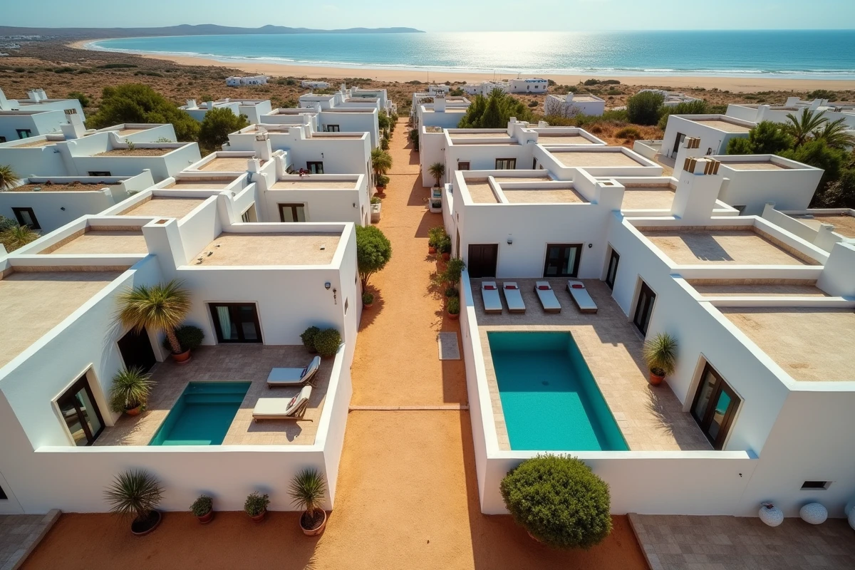 Vue sur les quartiers de villas avec piscine à louer en longue durée à proximité de la plage d'Essaouira