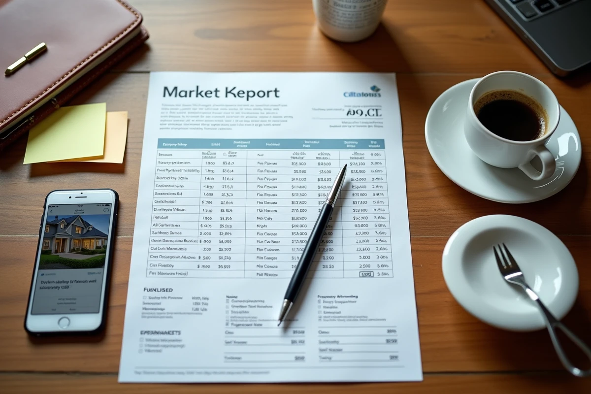 Vue aérienne d'un bureau avec rapport d'analyse du marché immobilier annoté et smartphone affichant des annonces