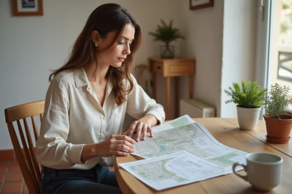 Femme consultant des annonces immobilières pour louer une maison à Béziers