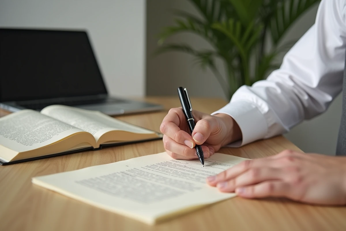 Homme rédigeant une lettre formelle à la main avec un stylo plume sur du papier épais dans un bureau moderne et épuré
