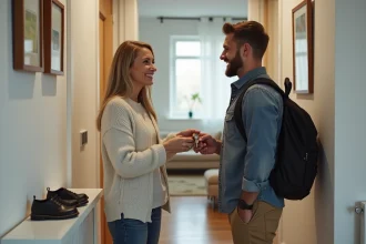 Femme souriante remettant des clés à un jeune homme dans un hall