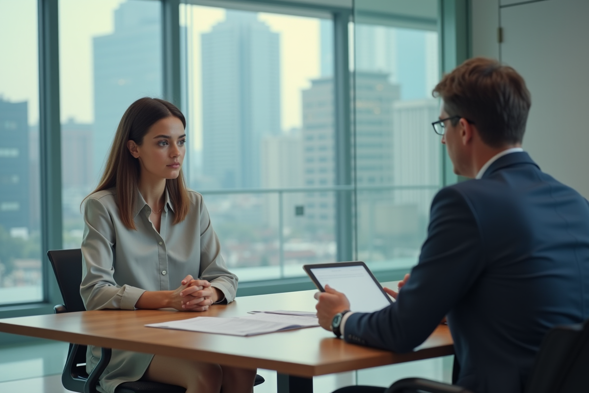 Jeune femme discutant avec un conseiller bancaire en agence