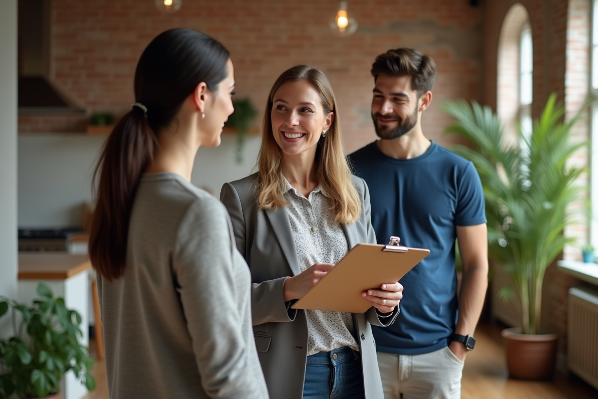 Femme d affaires discutant avec un couple dans un appartement rénové