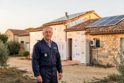 Technicien en rénovation énergétique devant une maison rénovée dans l'Hérault avec panneaux solaires et pompe à chaleur