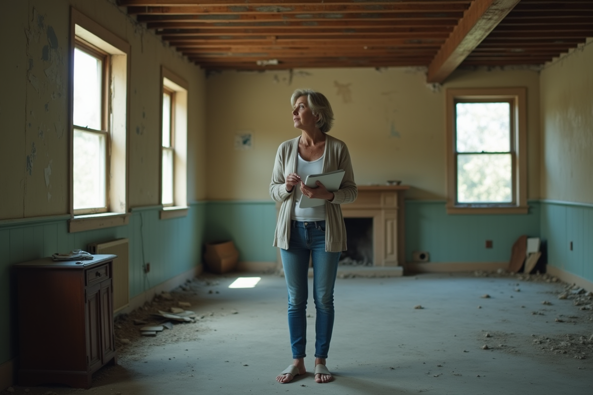 Femme moyenne age dans une maison en ruine avec papier peint decollé