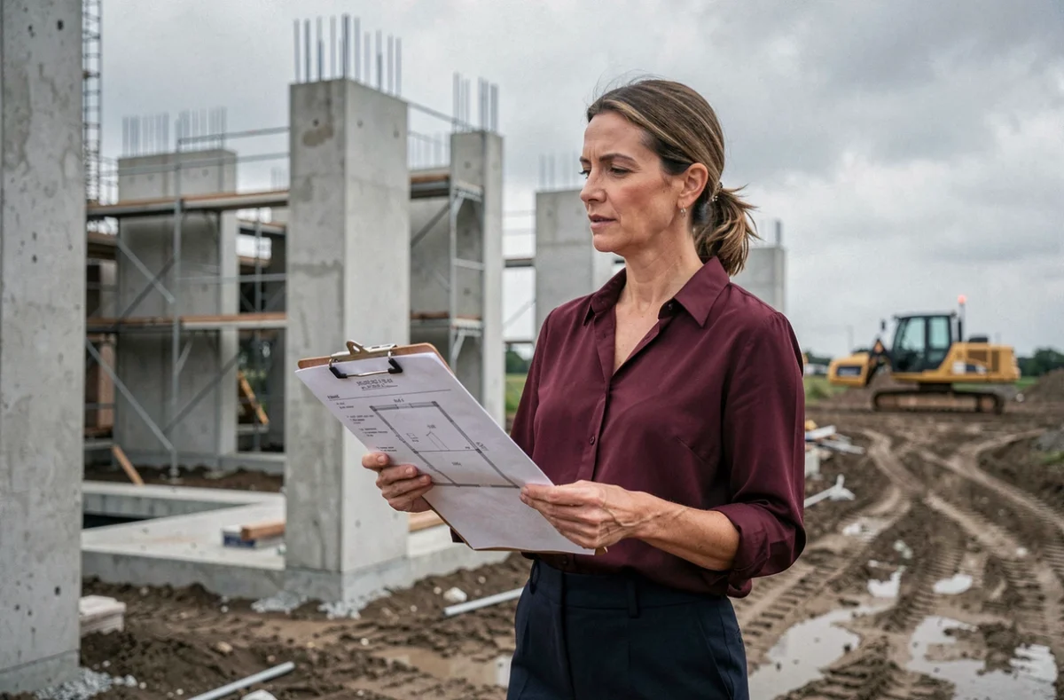 Femme responsable de projet immobilier sur un chantier de construction tenant des plans architecturaux pour sécuriser son financement