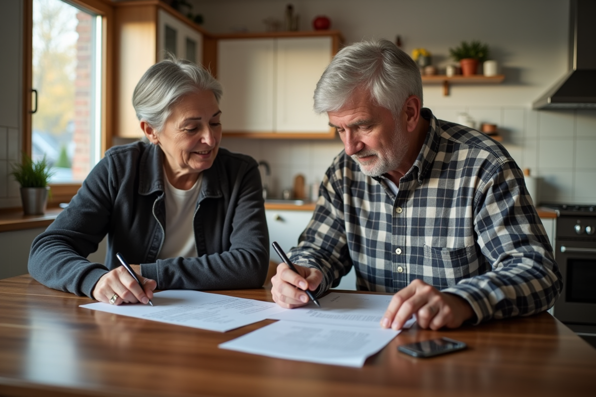 Homme retraité examinant des papiers avec une assistante dans la cuisine