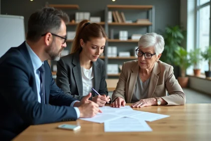 Professionnels en réunion d'affaires examinant un contrat