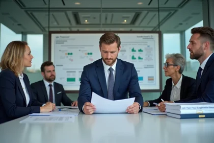 Réunion du comité interprofessionnel du logement avec des professionnels examinant des documents administratifs autour d'une table de conférence moderne