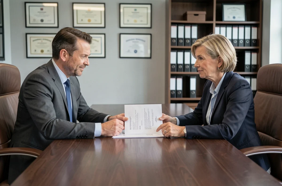 Réunion entre un courtier en assurance et un client professionnel pour choisir une assurance multirisque professionnelle