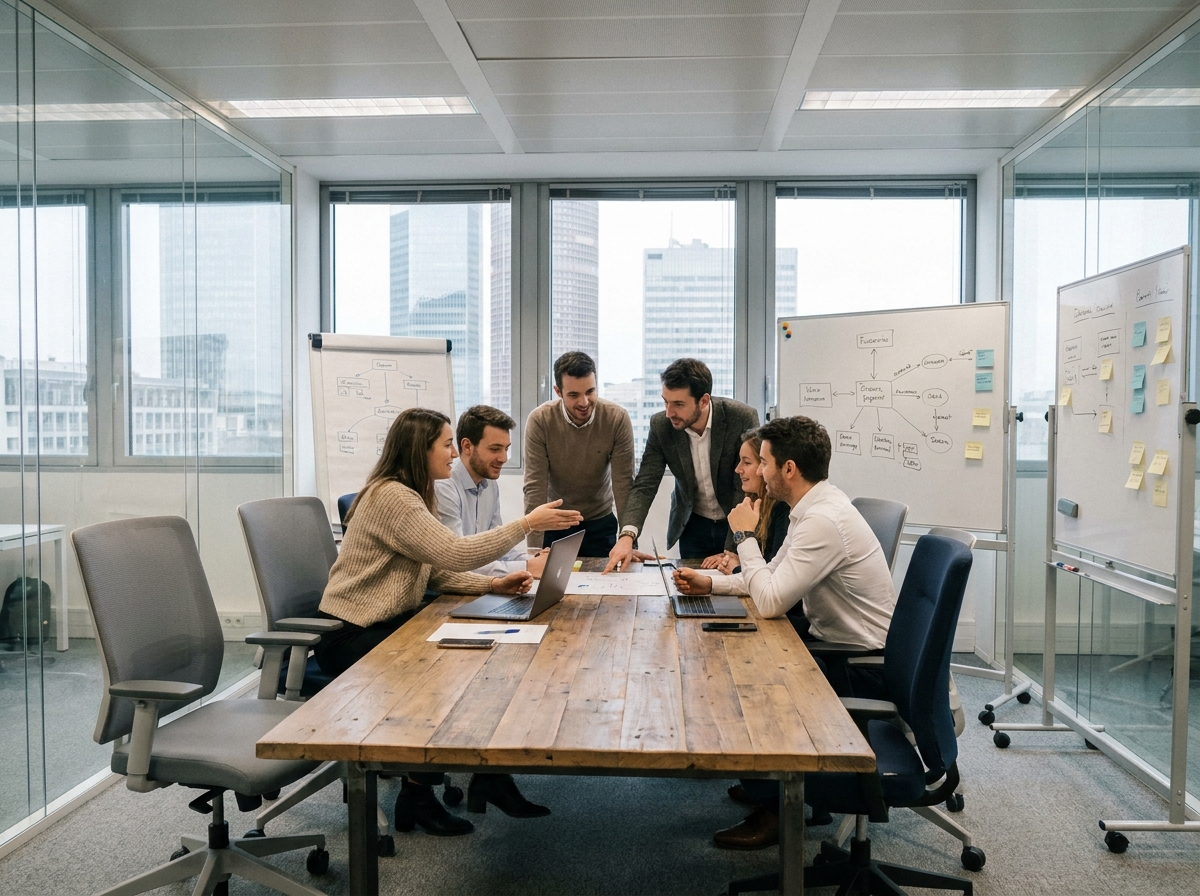 Équipe de professionnels en réunion dans un espace de coworking du quartier Part-Dieu à Lyon, illustrant la dynamique économique de la ville
