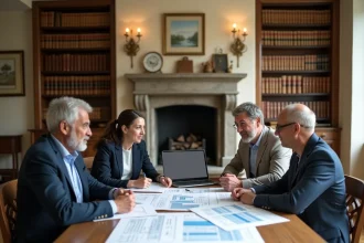 Famille réunie autour d'une table pour planifier la gestion d'une SCI familiale avec documents juridiques et tableur financier