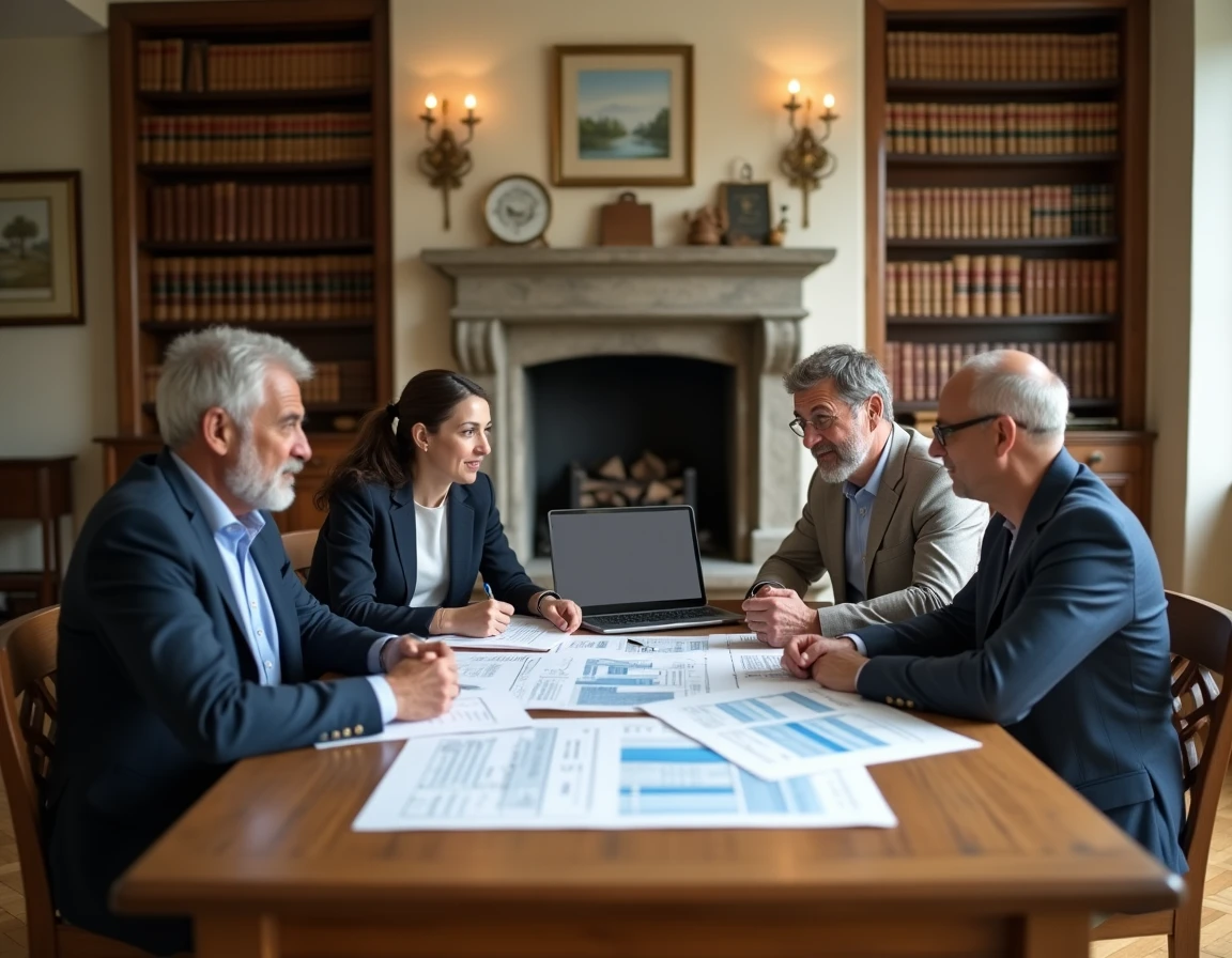 Famille réunie autour d'une table pour planifier la gestion d'une SCI familiale avec documents juridiques et tableur financier