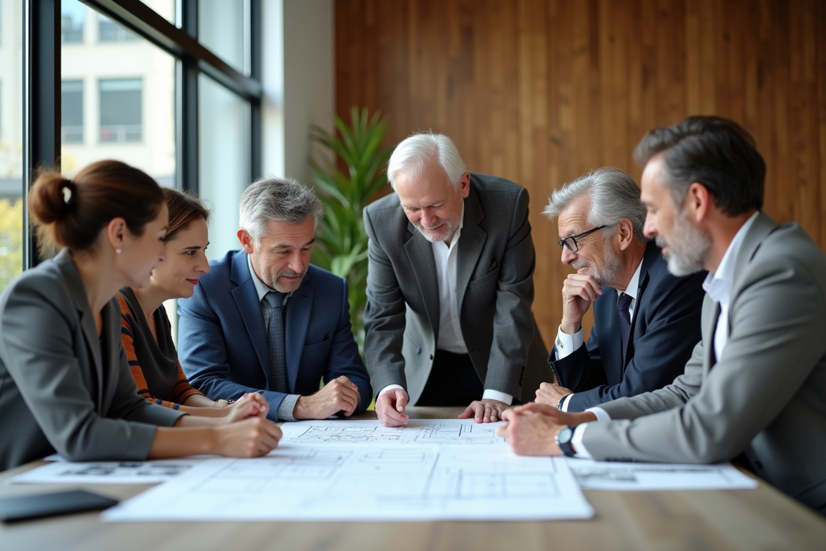 Groupe de professionnels autour de plans architecturaux en réunion