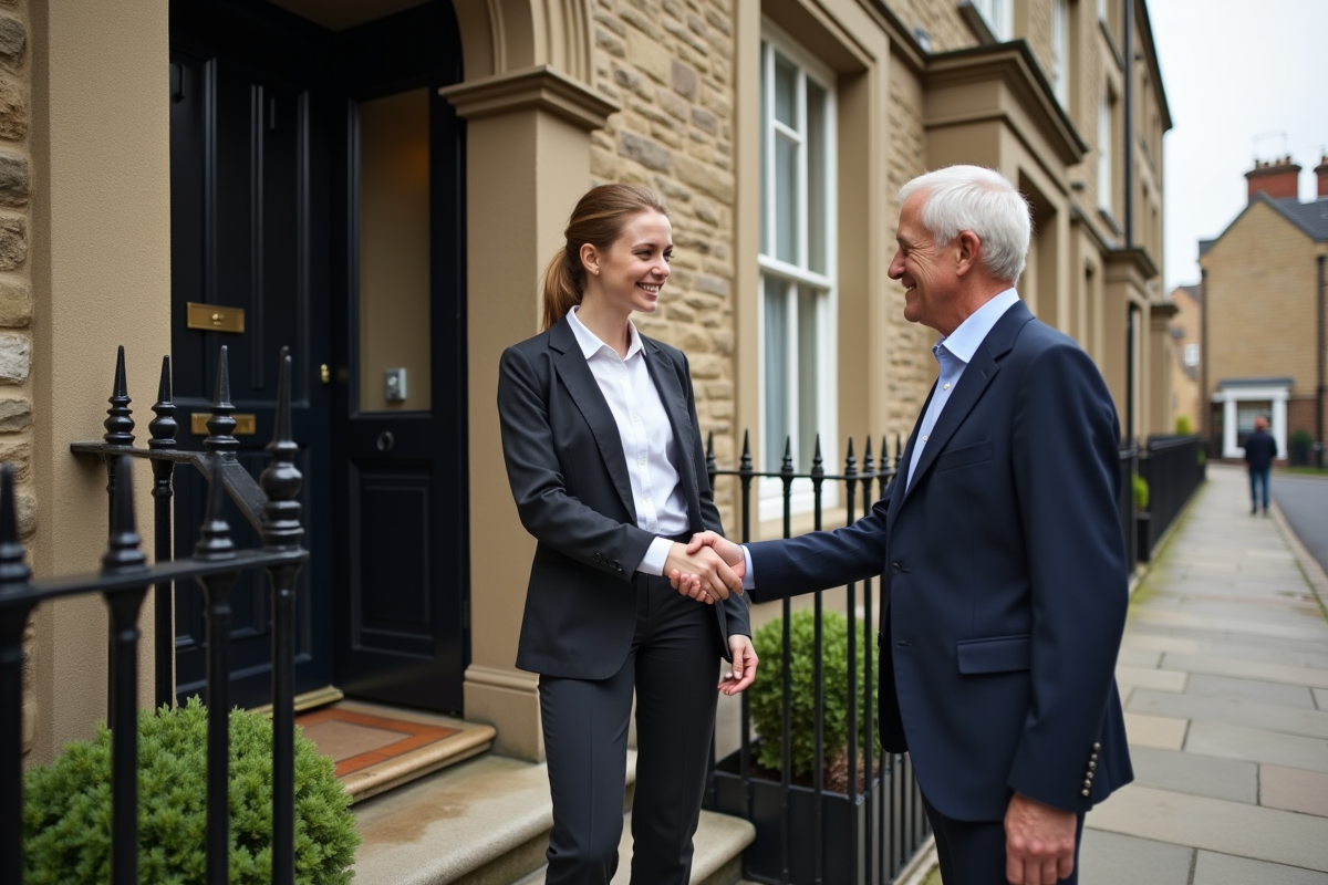 Jeune femme et homme âgé se serrant la main devant une maison en pierre