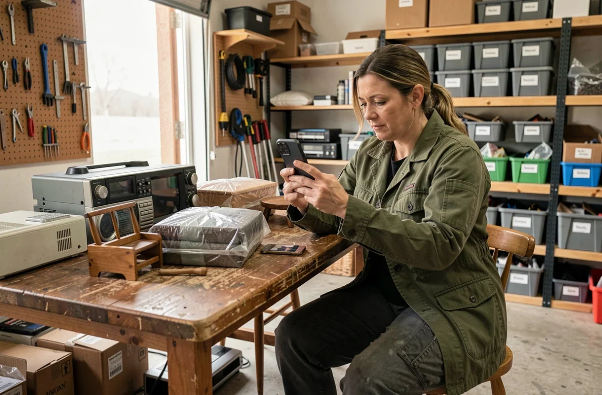 Femme triant et photographiant des articles achetés dans un box aux enchères pour les revendre en ligne depuis son garage