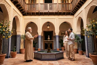 Courtyard d'un riad traditionnel à Marrakech avec fontaine en zellige et agent immobilier présentant le bien à des acheteurs