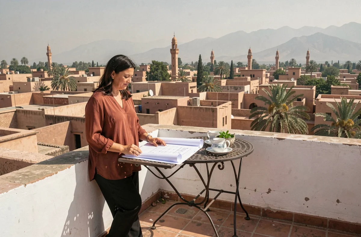 Terrasse d'un riad rénové à Marrakech avec vue panoramique sur la médina et les montagnes de l'Atlas en arrière-plan