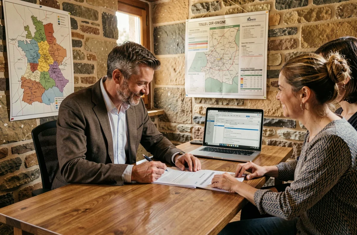 Courtier Roxalor 54 à Toul en consultation avec un couple sur un dossier de prêt immobilier dans un bureau aux murs en pierre