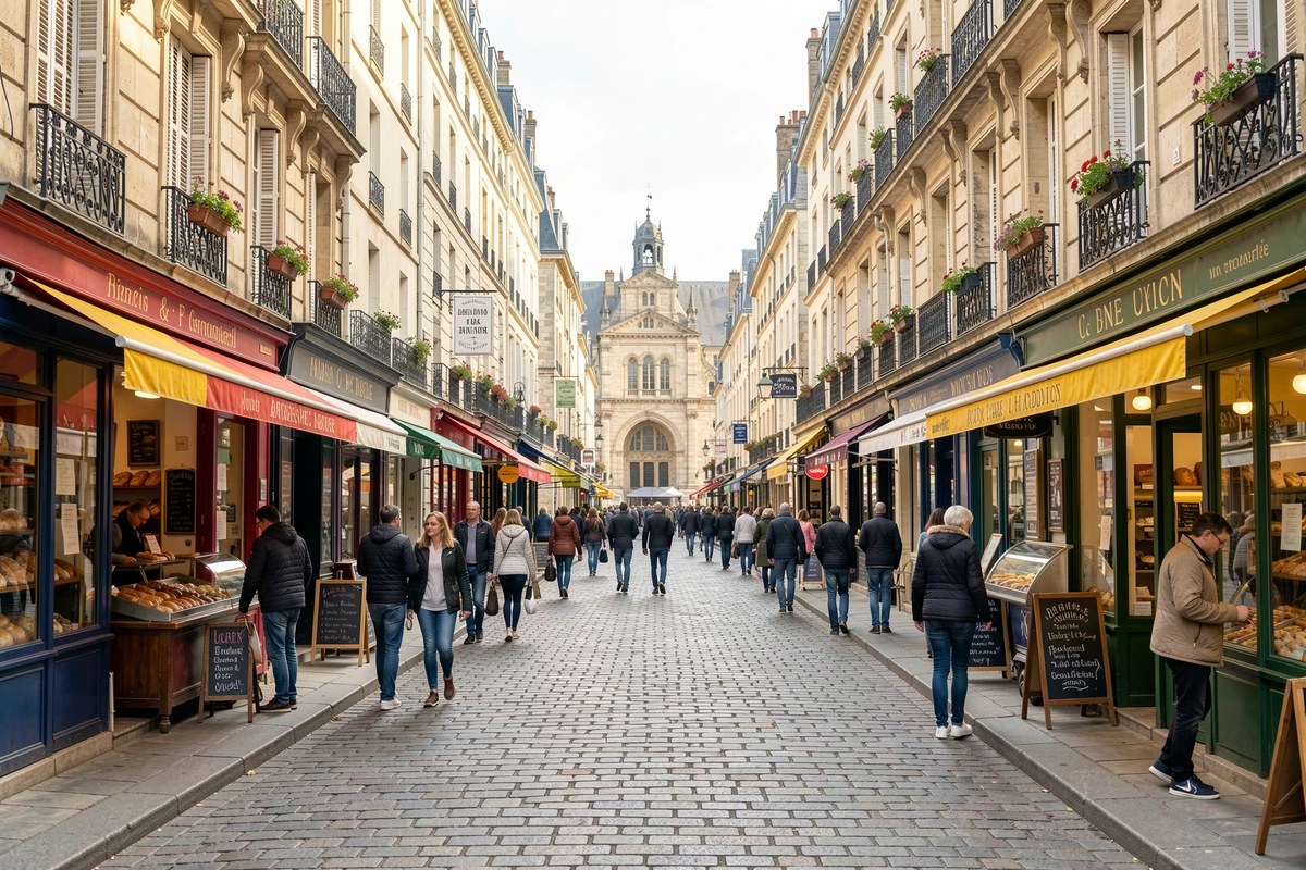 Rue commerçante piétonne animée du centre-ville de Dijon avec boutiques indépendantes et passants le matin
