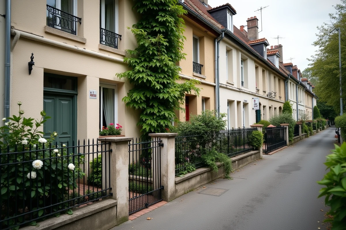Rue résidentielle d'une ville française avec maisons à louer et jardins, illustration des quartiers à fort potentiel locatif