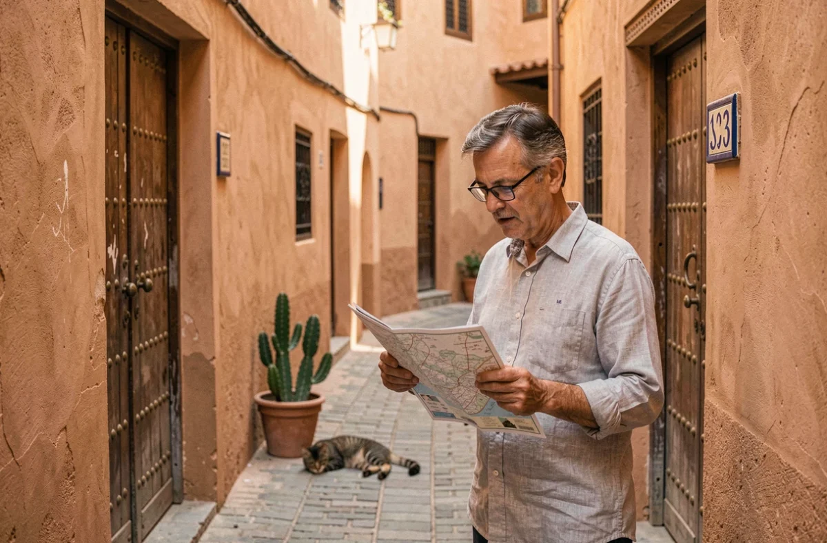 Ruelle typique du quartier Mouassine à Marrakech avec acheteur immobilier consultant un plan pour trouver un riad à vendre