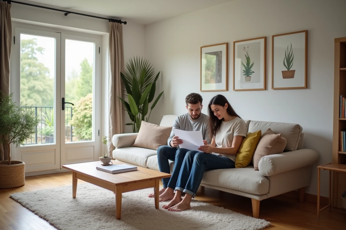 Couple examinant un contrat de location dans le salon meublé d'une petite maison avec jardin