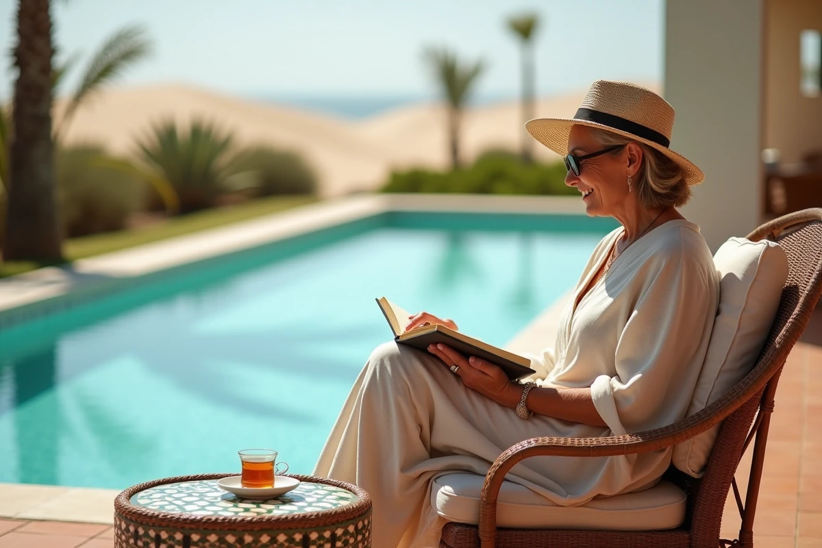 Femme en séjour longue durée dans une villa avec piscine à Essaouira profitant de la terrasse proche de la plage