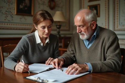 Une femme d'âge moyen et un homme âgé examinent des documents importants à la maison