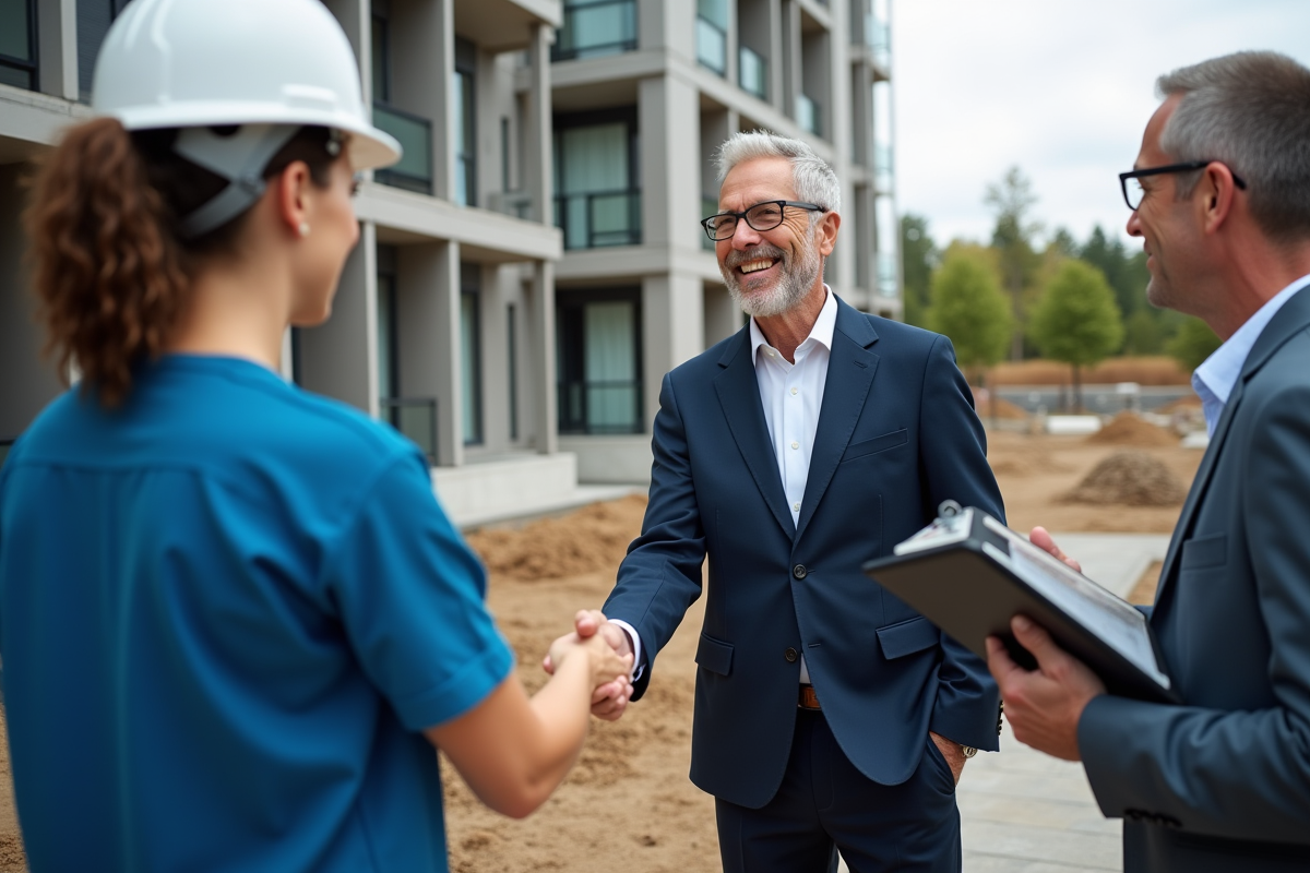 Homme et femme se serrant la main sur un chantier de résidence senior
